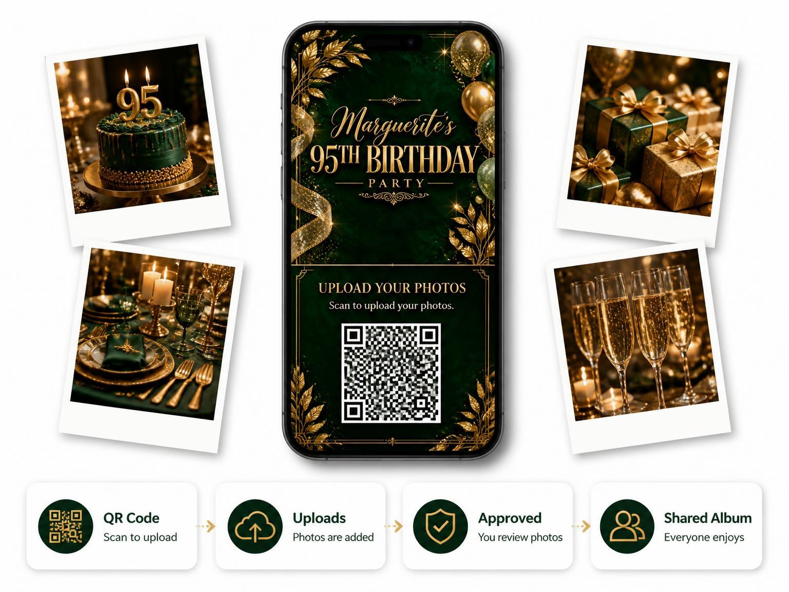 The shared photo gallery that comes with the Emerald and Champagne 95th Birthday Invitation invitation