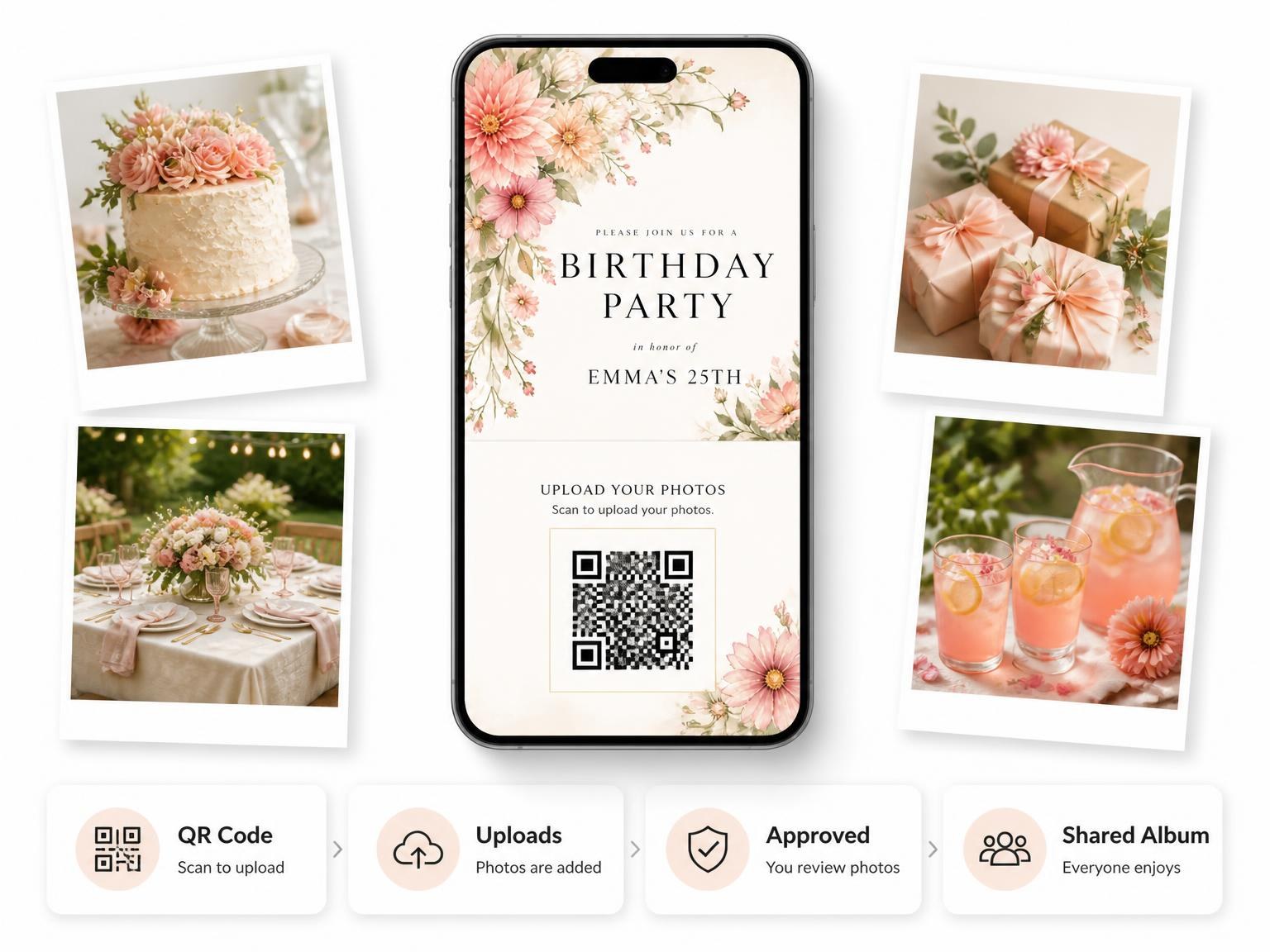 The shared photo gallery that comes with the Floral Blush 25th Birthday Invitation invitation