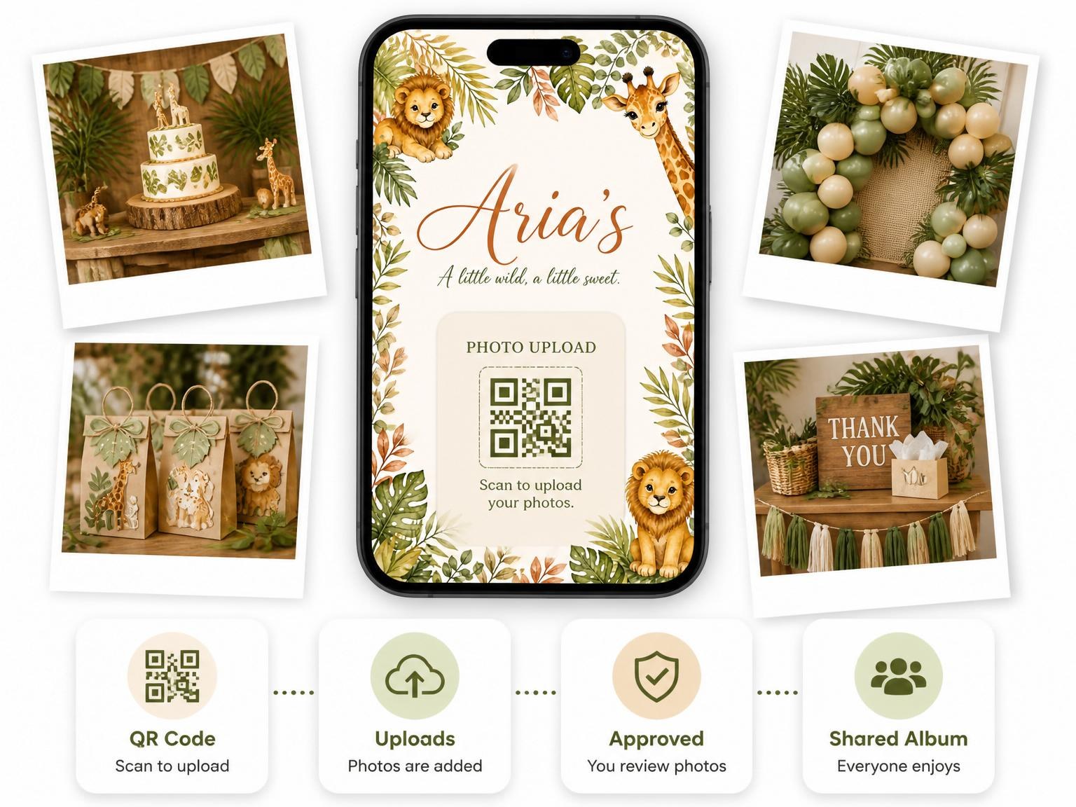 The shared photo gallery that comes with the Watercolor Jungle Animal Birthday Invitation invitation