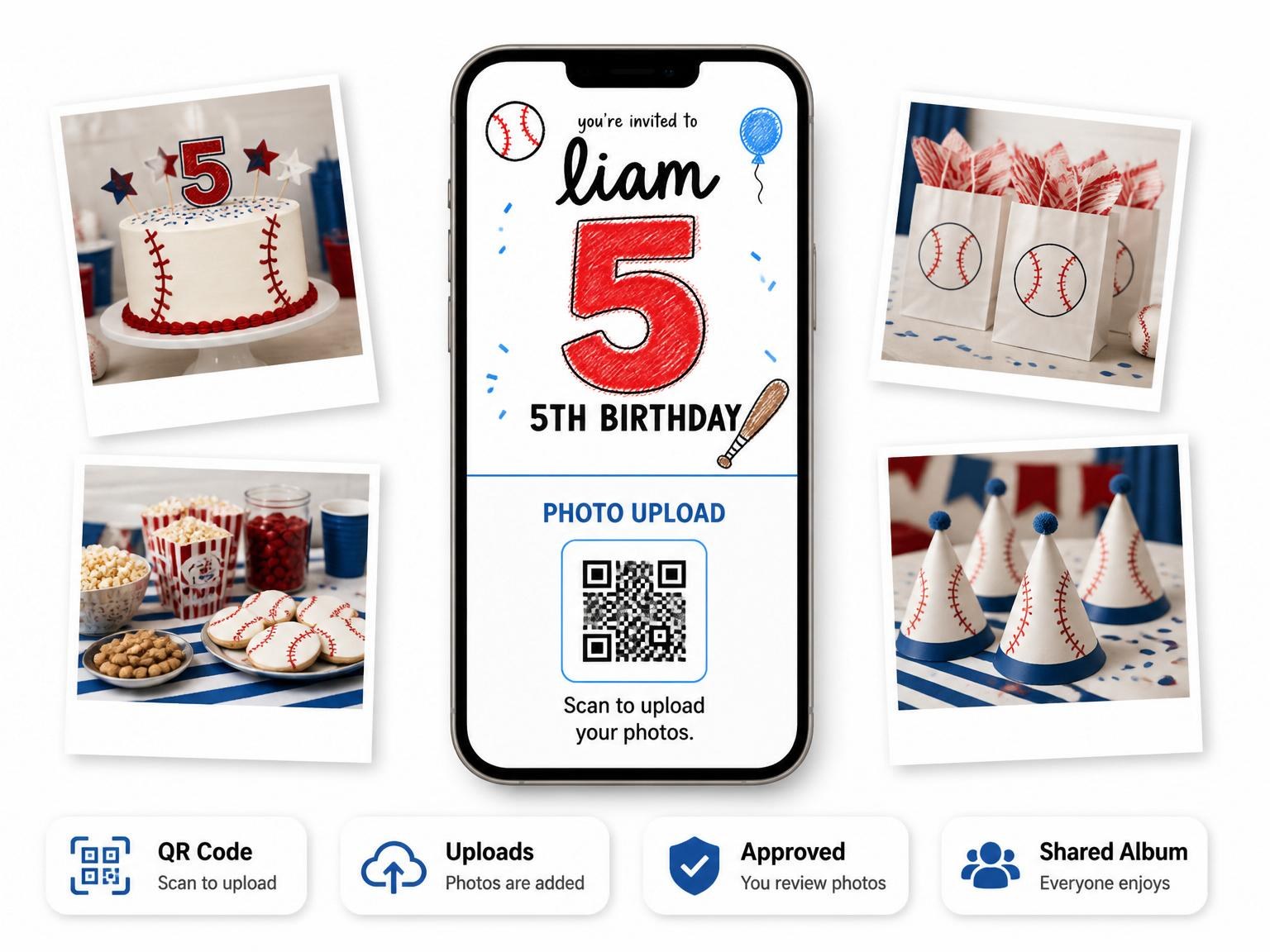 The shared photo gallery that comes with the Crayon Baseball 5th Birthday Invitation invitation