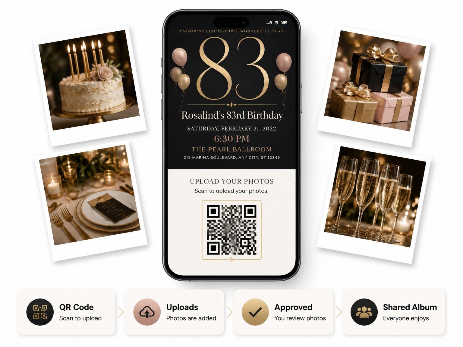 The shared photo gallery that comes with the Charcoal and Blush 83rd Birthday Invitation invitation