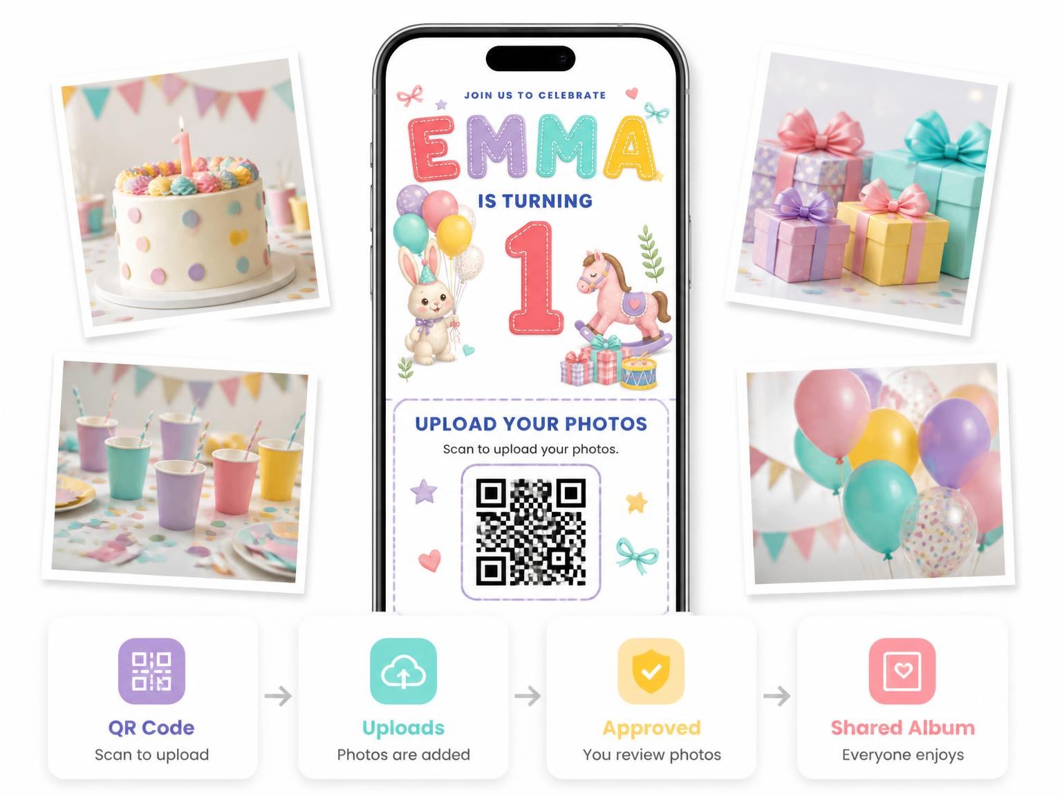 The shared photo gallery that comes with the Balloons Stitched 1st Birthday Invitation invitation