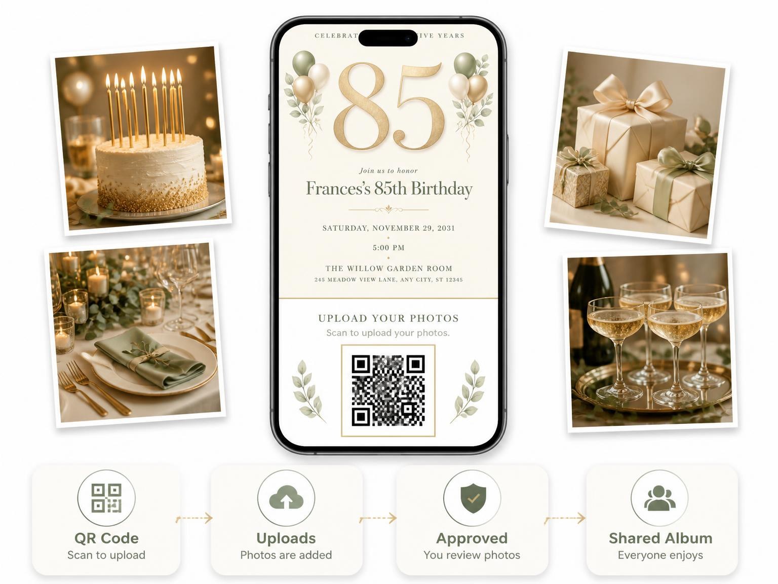 The shared photo gallery that comes with the Sage and Ivory 85th Birthday Invitation invitation
