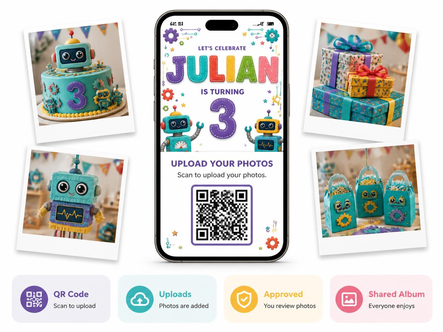 The shared photo gallery that comes with the Stitched Robot 3rd Birthday Invitation invitation
