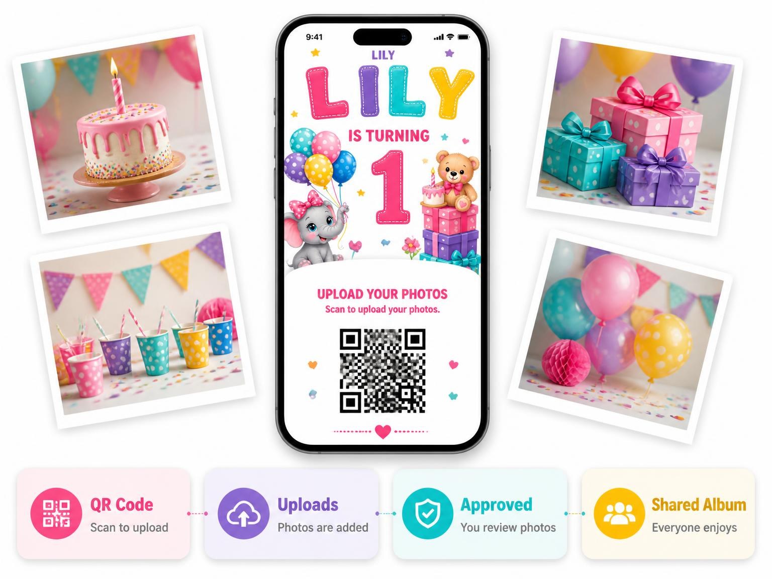The shared photo gallery that comes with the Teddy Bear and Elephant 1st Birthday Invitation invitation