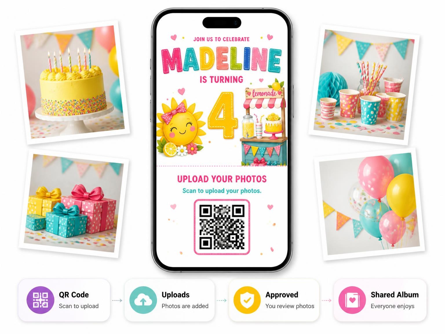 The shared photo gallery that comes with the Stitched Sunshine Lemonade 4th Birthday Invitation invitation