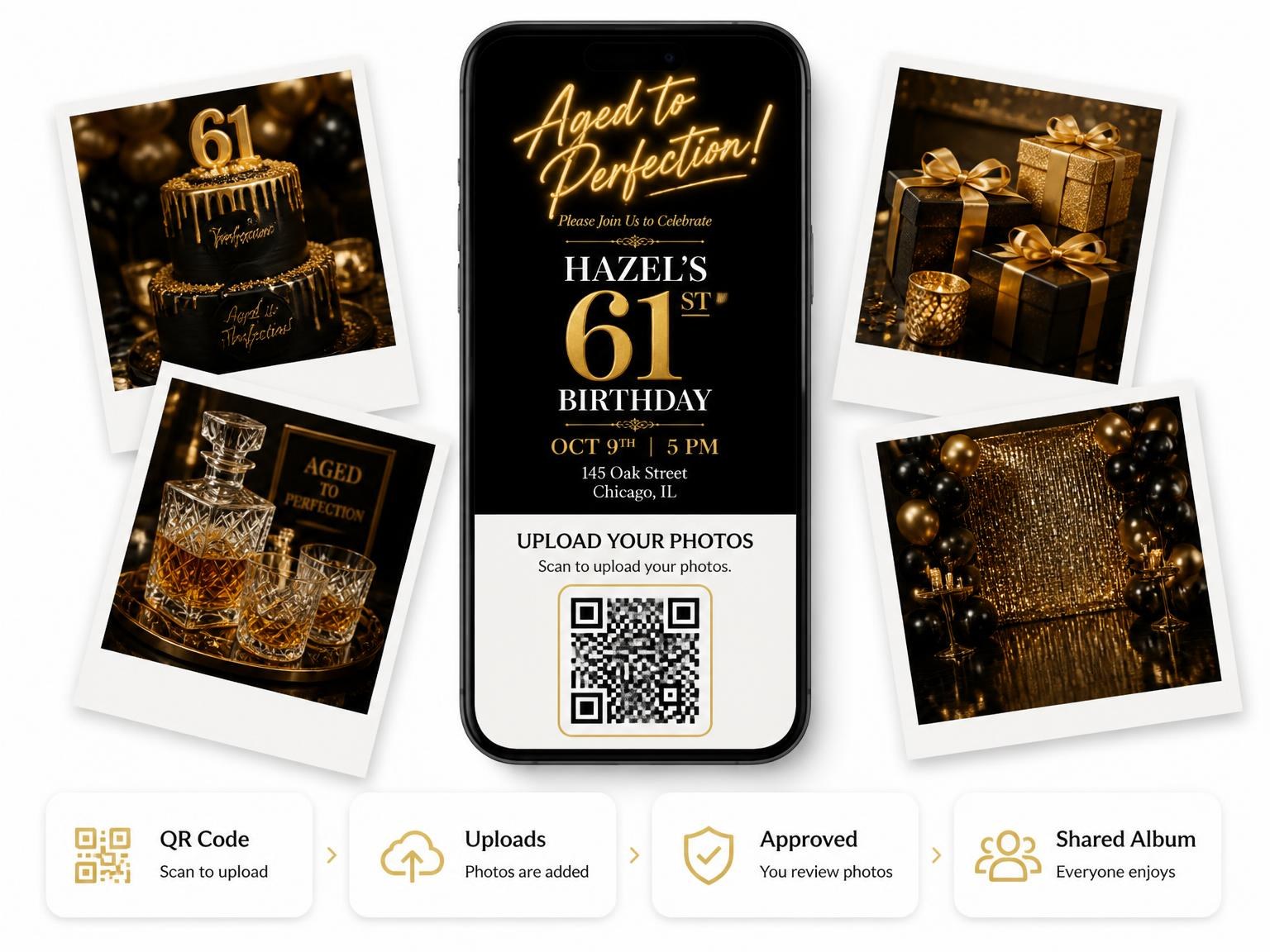 The shared photo gallery that comes with the Whiskey Glass 61st Birthday Invitation invitation
