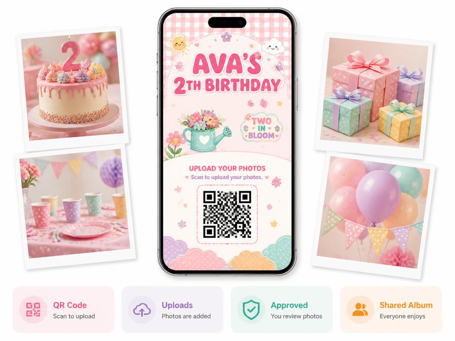 The shared photo gallery that comes with the Nature Kawaii Pastel 2nd Birthday Invitation invitation