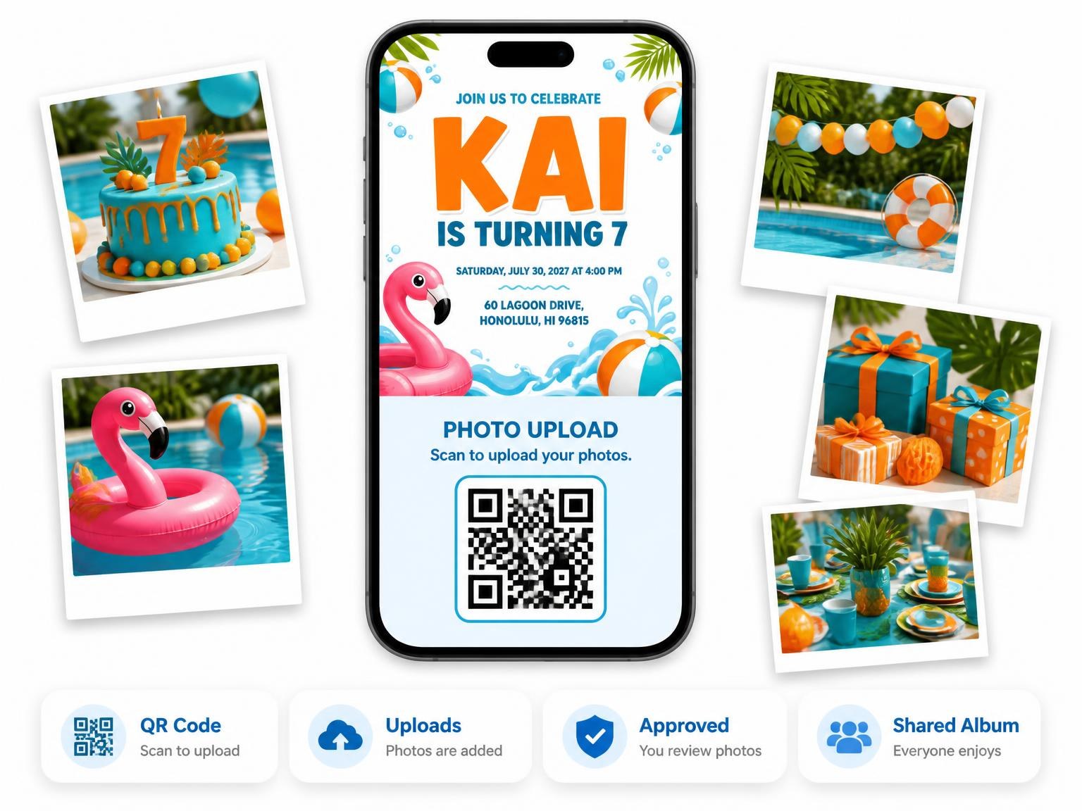 The shared photo gallery that comes with the Tropical Flamingo Beach Ball 7th Birthday invitation