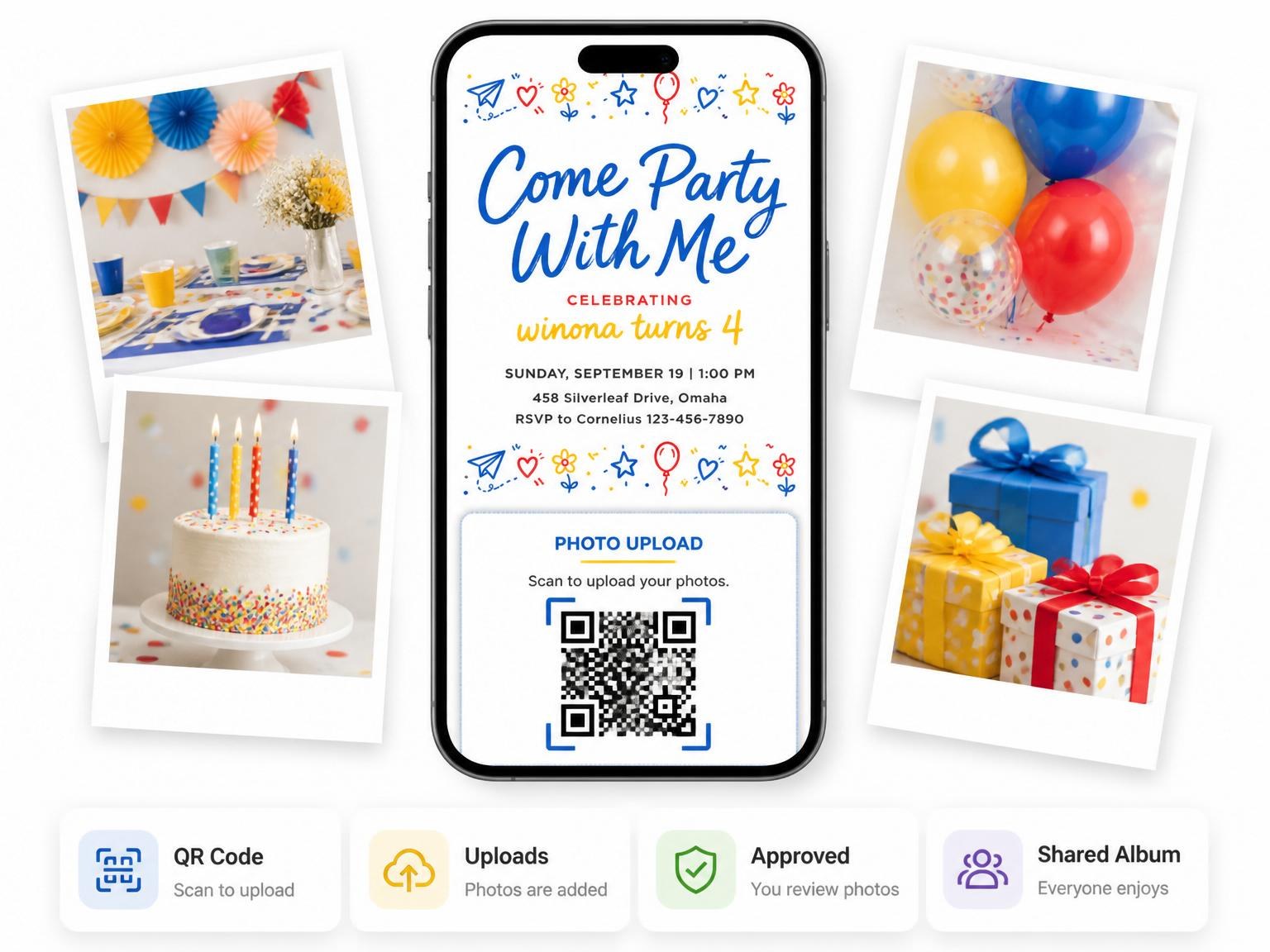The shared photo gallery that comes with the Primary Doodle Border 4th Birthday Invitation invitation