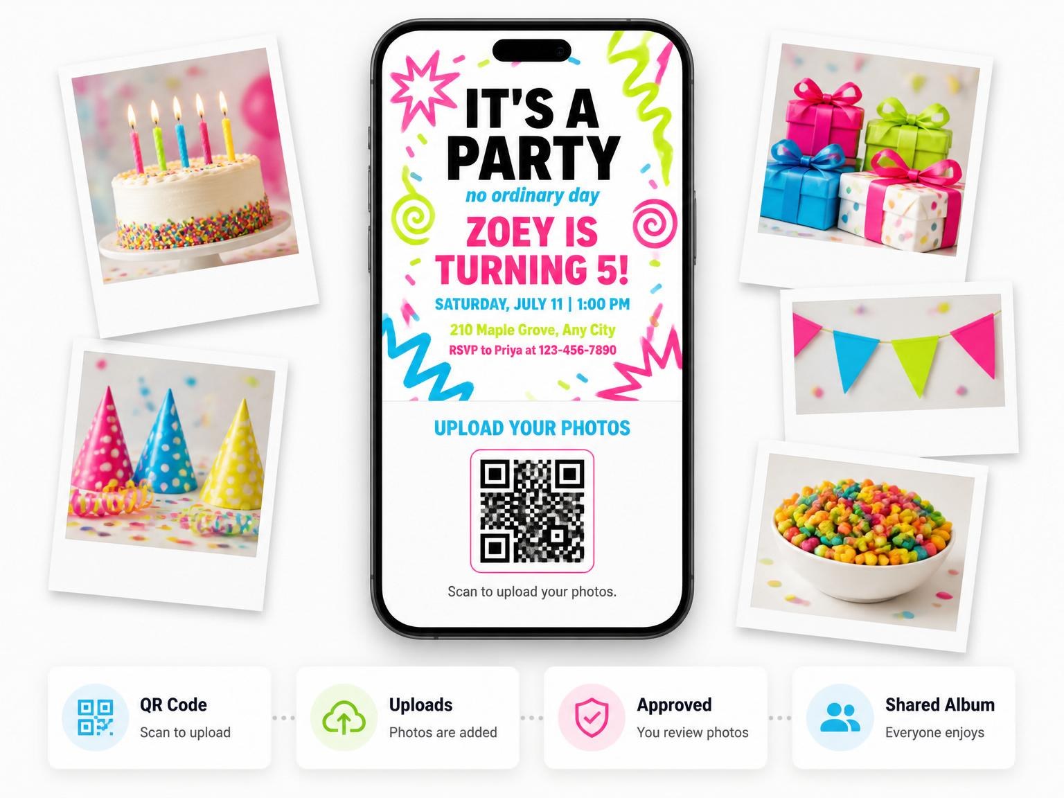 The shared photo gallery that comes with the Neon Squiggle Confetti Birthday Invitation invitation