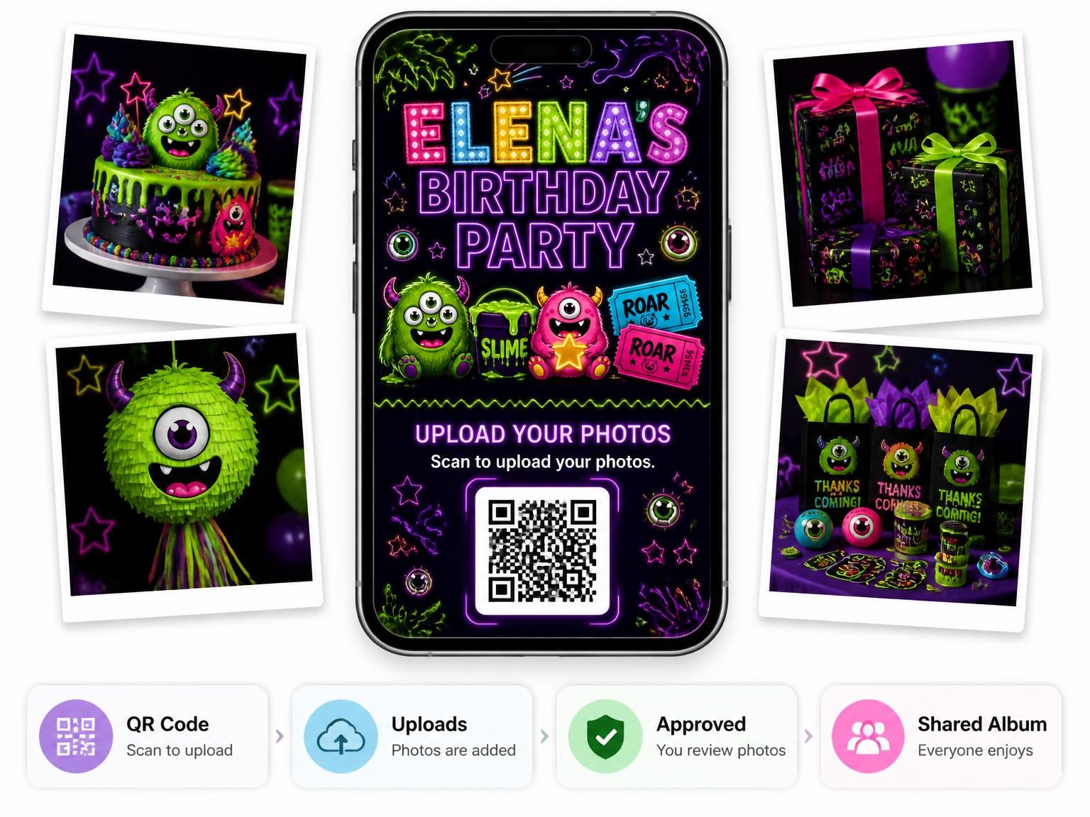 The shared photo gallery that comes with the Neon Monster 24th Birthday Invitation invitation