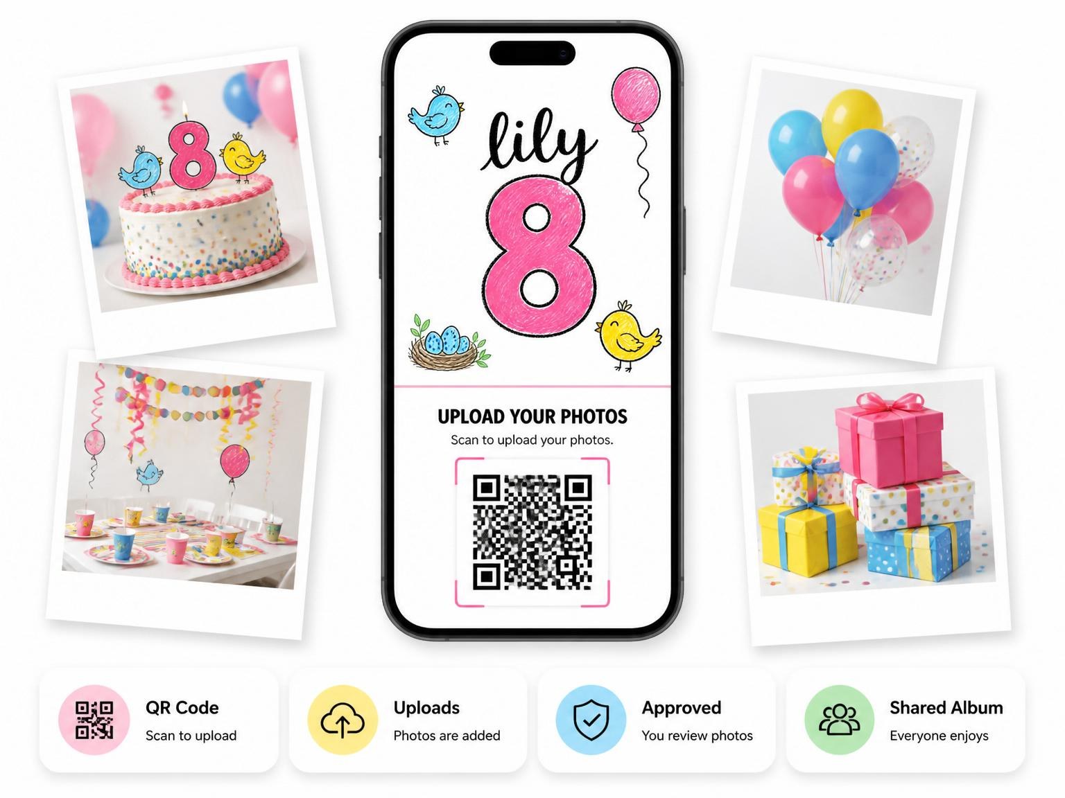 The shared photo gallery that comes with the Crayon Bluebird Balloon 8th Birthday Invitation invitation