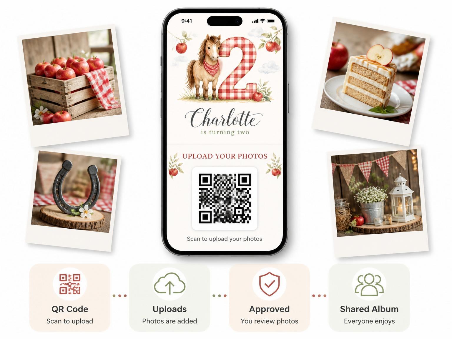 The shared photo gallery that comes with the Watercolor Pony Gingham Orchard Birthday invitation