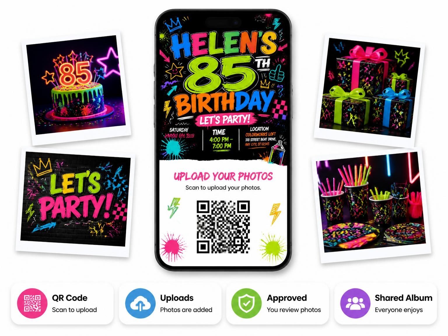 The shared photo gallery that comes with the Graffiti Street Art 85th Birthday Invitation invitation