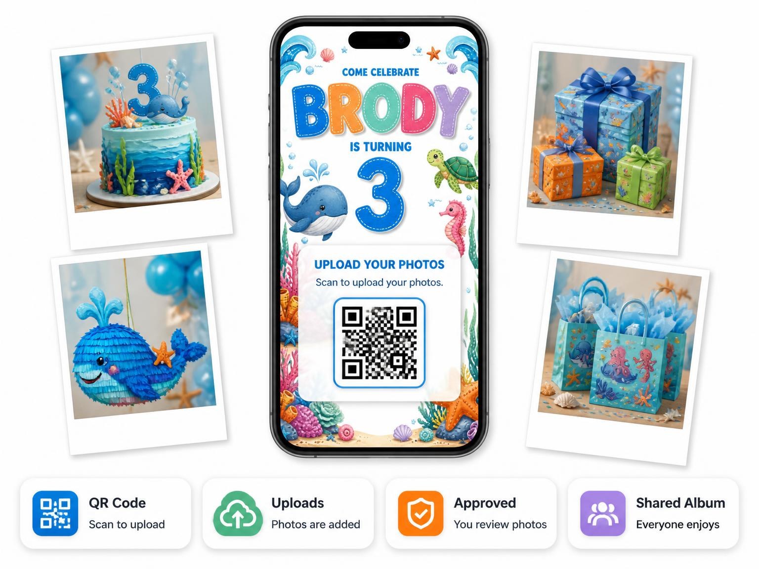 The shared photo gallery that comes with the Stitched Under the Sea 3rd Birthday Invitation invitation