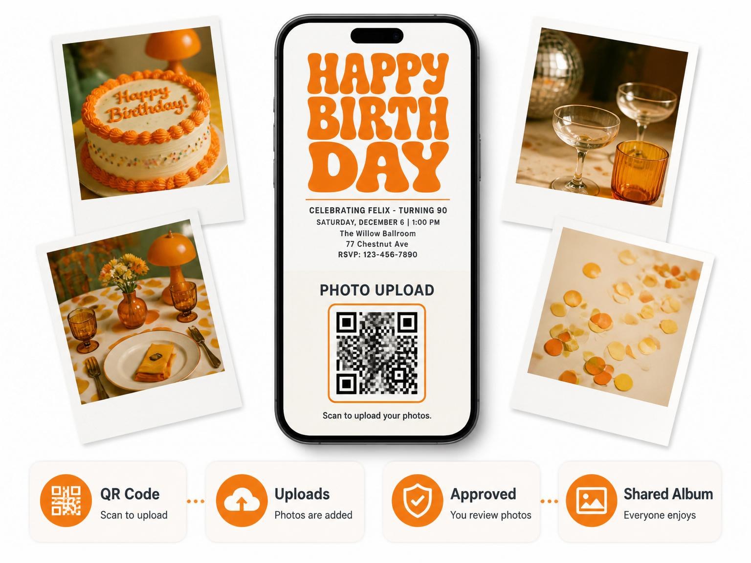 The shared photo gallery that comes with the Orange Bubble Letter 90th Birthday invitation