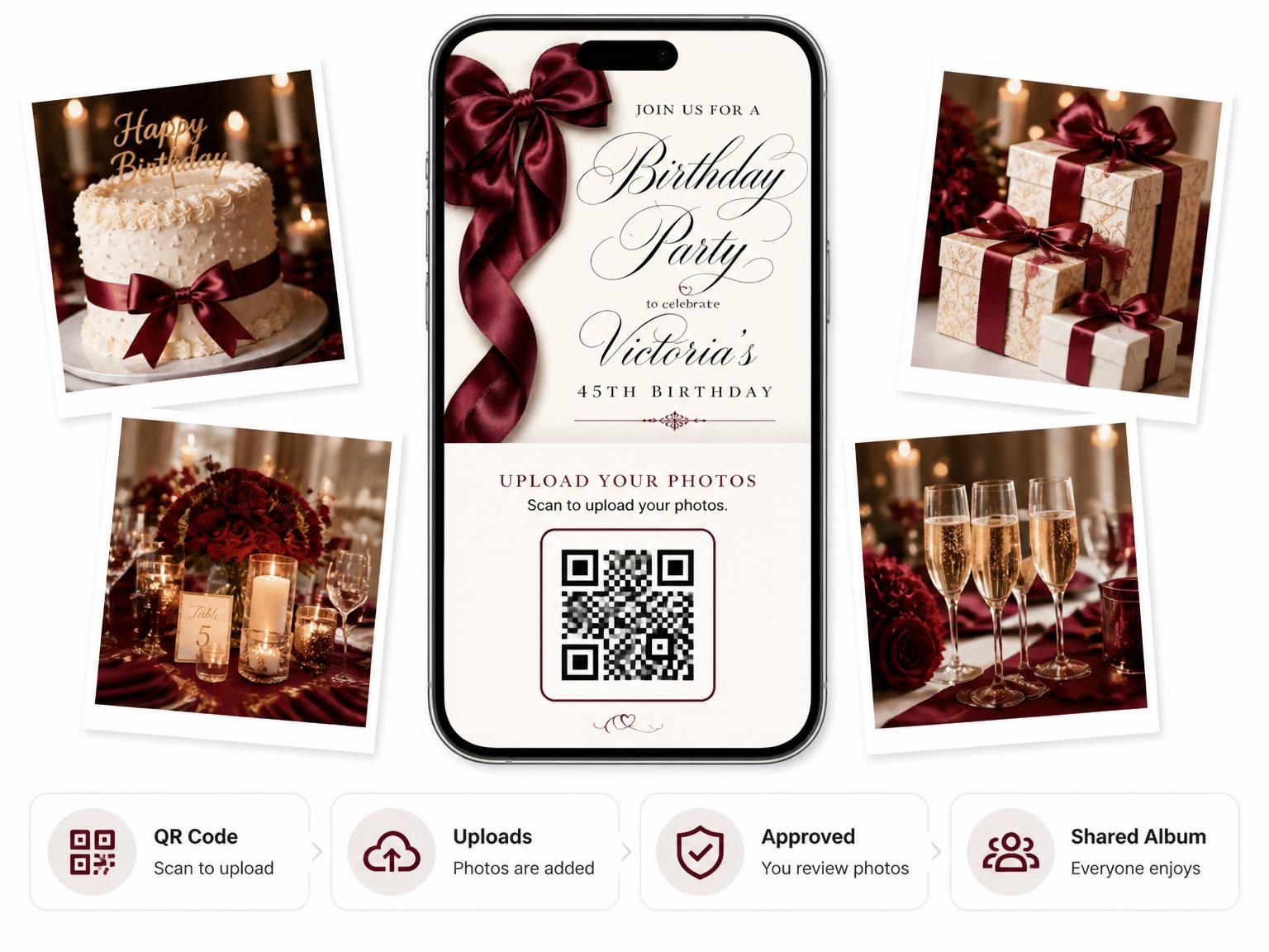 The shared photo gallery that comes with the Burgundy Satin Bow 45th Birthday Invitation invitation