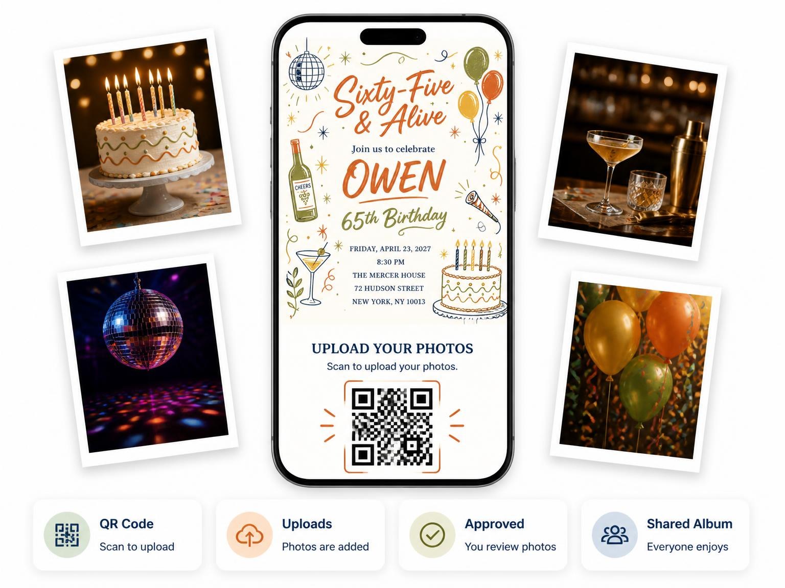 The shared photo gallery that comes with the Retro Doodle 65th Birthday Invitation invitation