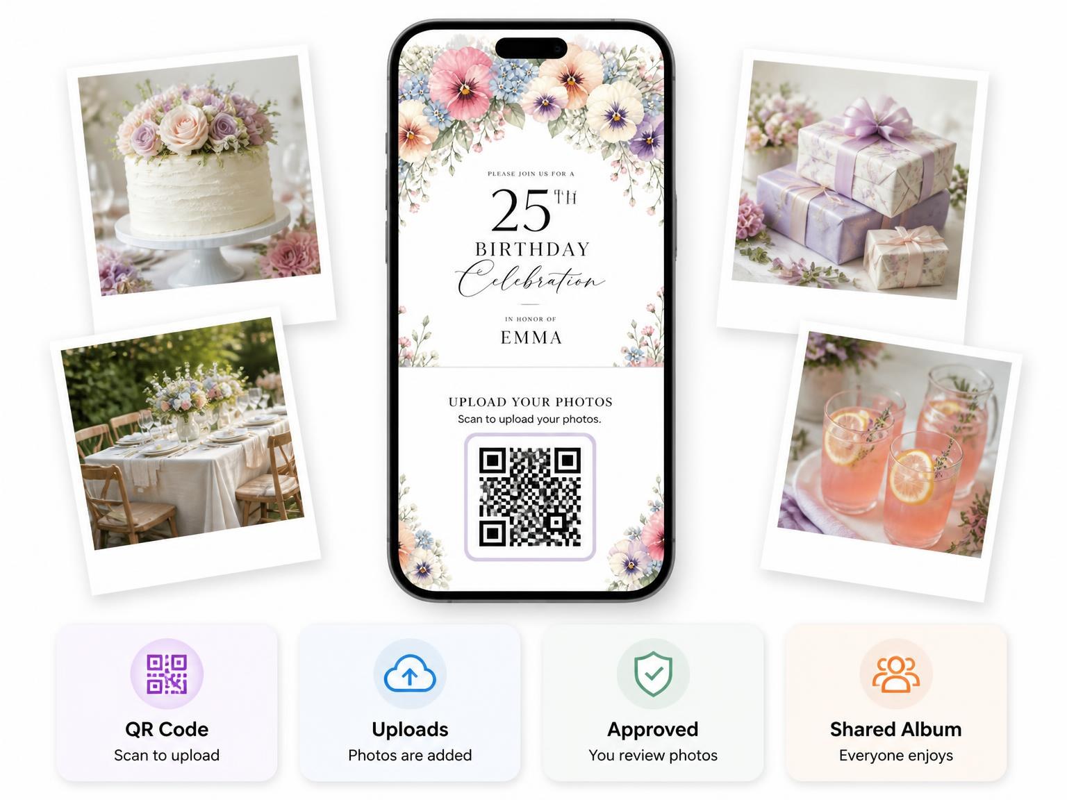 The shared photo gallery that comes with the Pansies Blush 25th Birthday Invitation invitation