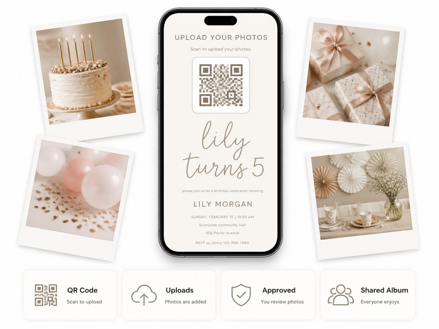 The shared photo gallery that comes with the Minimalist Cream Birthday Invitation invitation