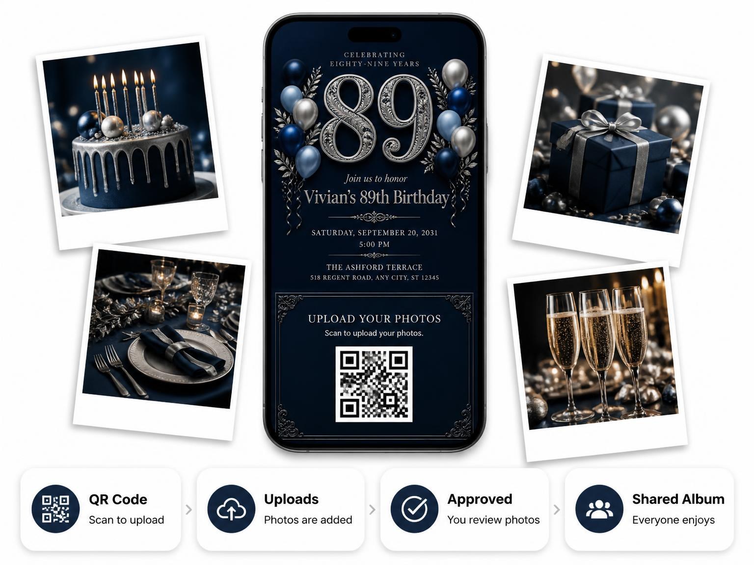The shared photo gallery that comes with the Navy and Silver 89th Birthday Invitation invitation