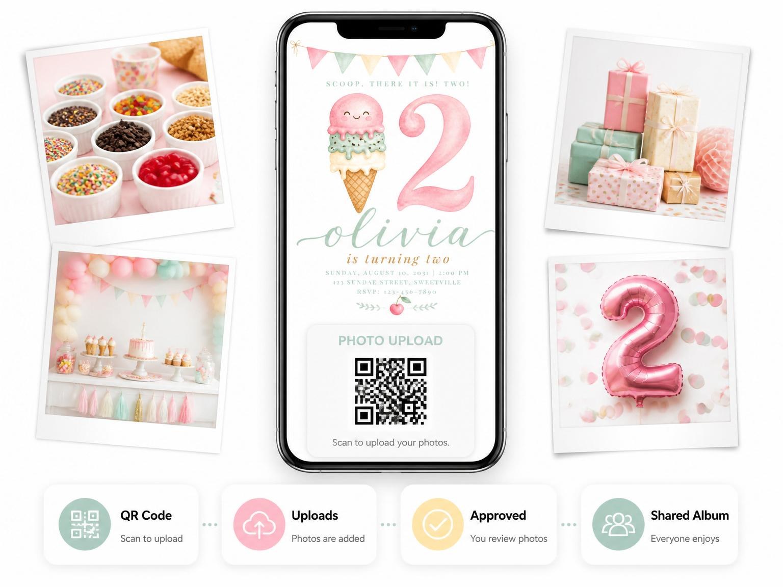 The shared photo gallery that comes with the Pastel Watercolor Ice Cream 2nd Birthday invitation