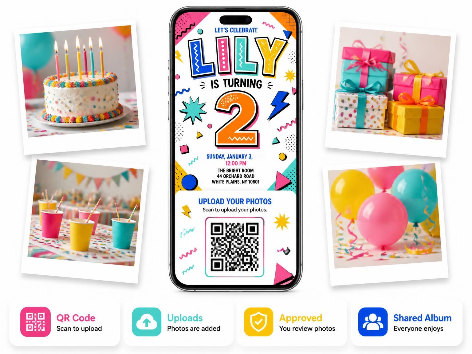 The shared photo gallery that comes with the Memphis Pop 2nd Birthday Invitation invitation