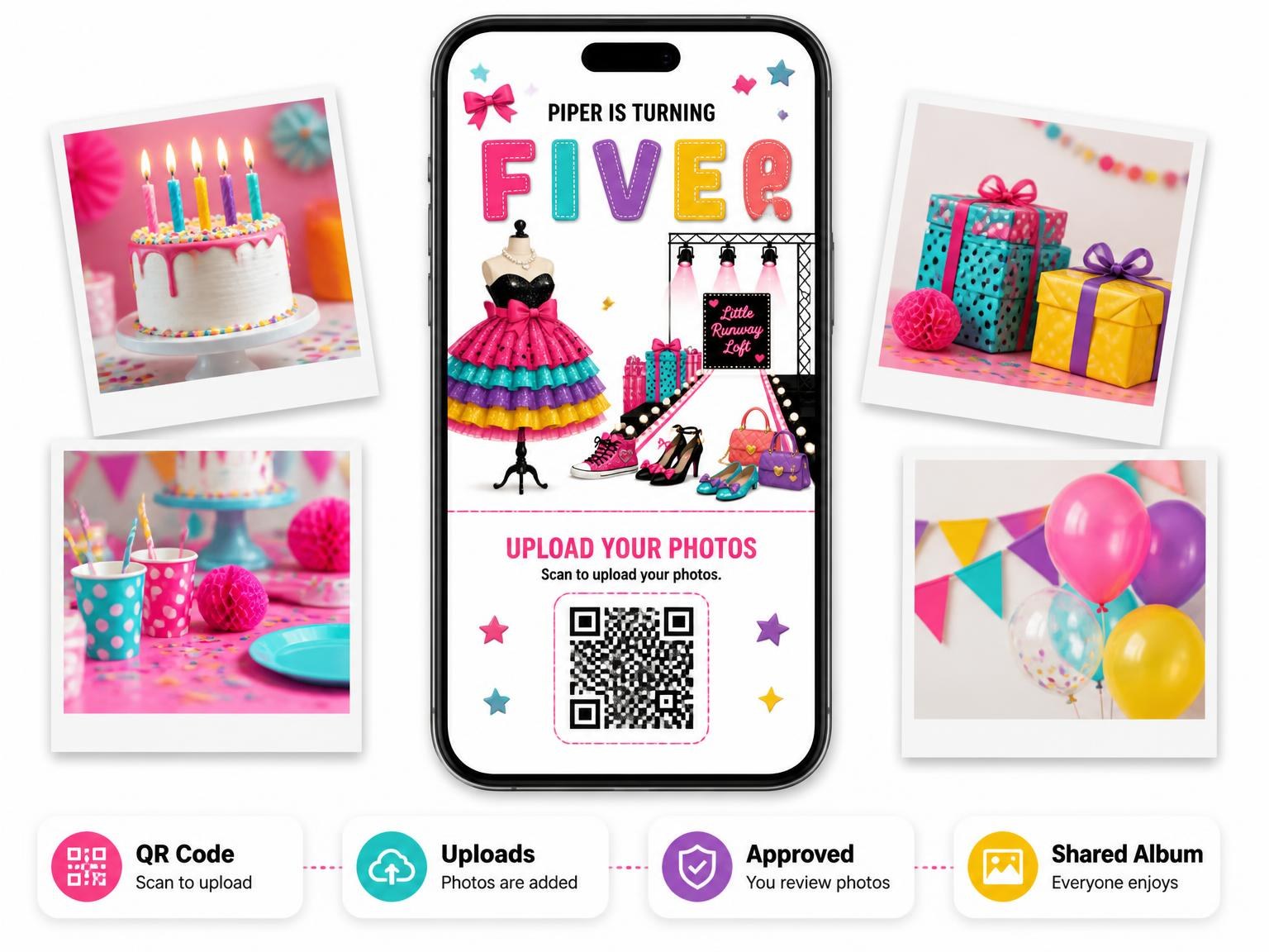 The shared photo gallery that comes with the Runway Catwalk Stitched 5th Birthday Invitation invitation