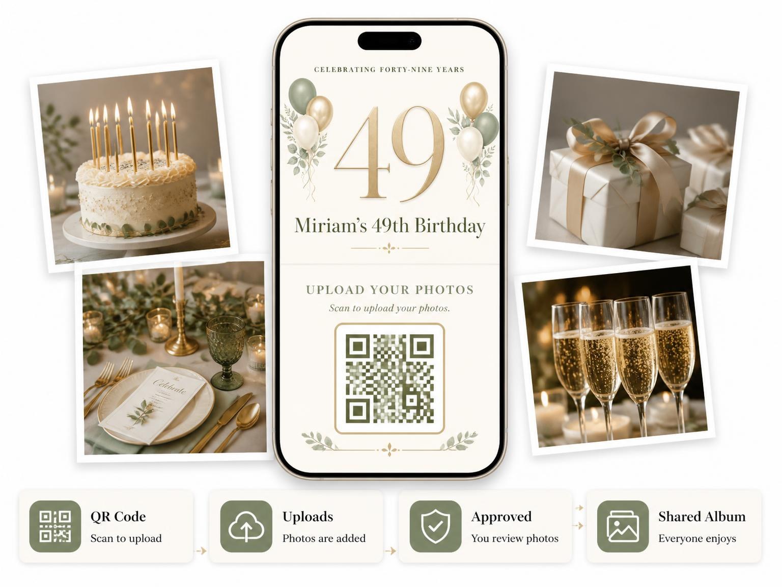 The shared photo gallery that comes with the Sage and Ivory 49th Birthday Invitation invitation