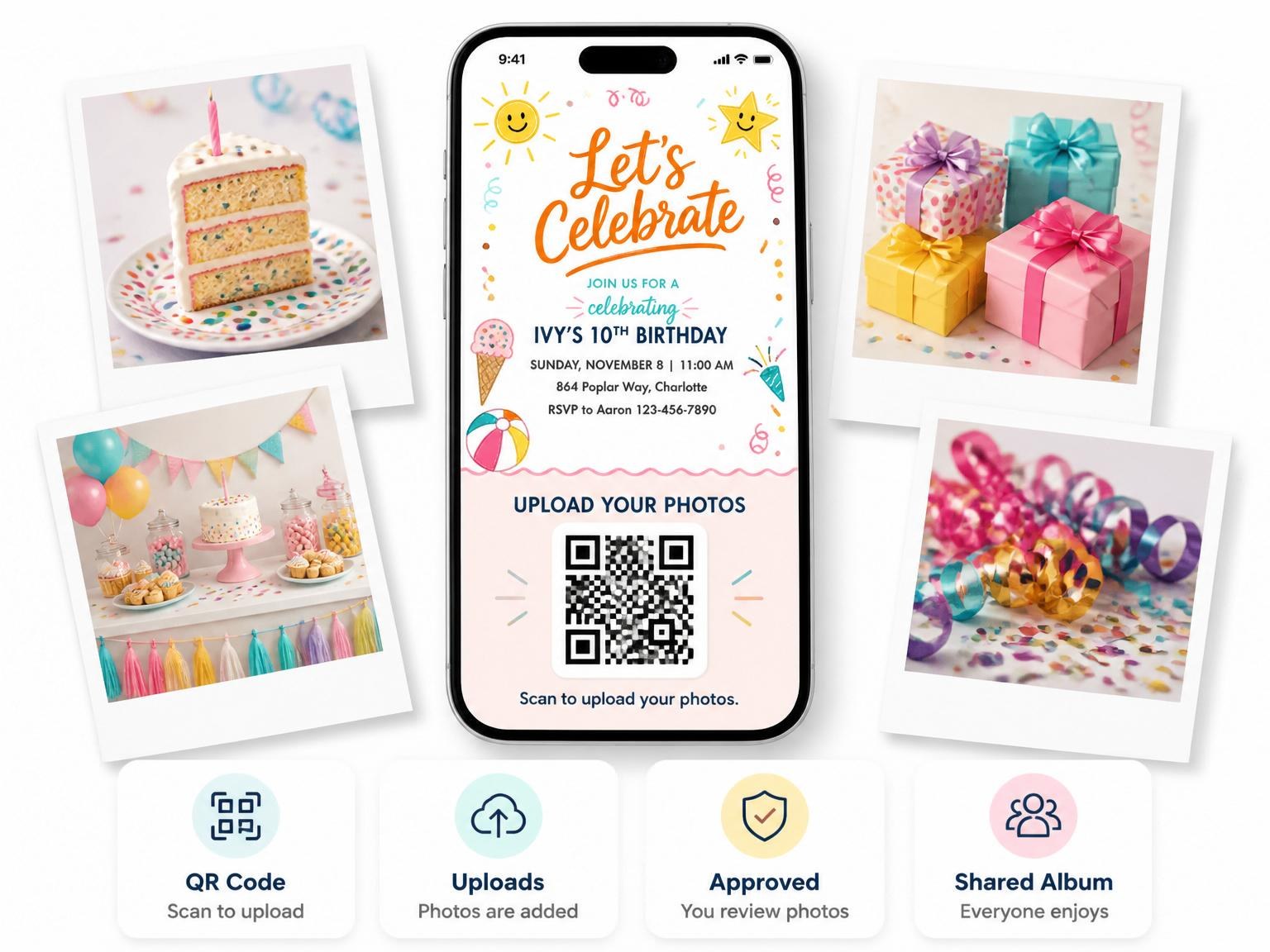 The shared photo gallery that comes with the Pink Scalloped Sun Star 10th Birthday invitation