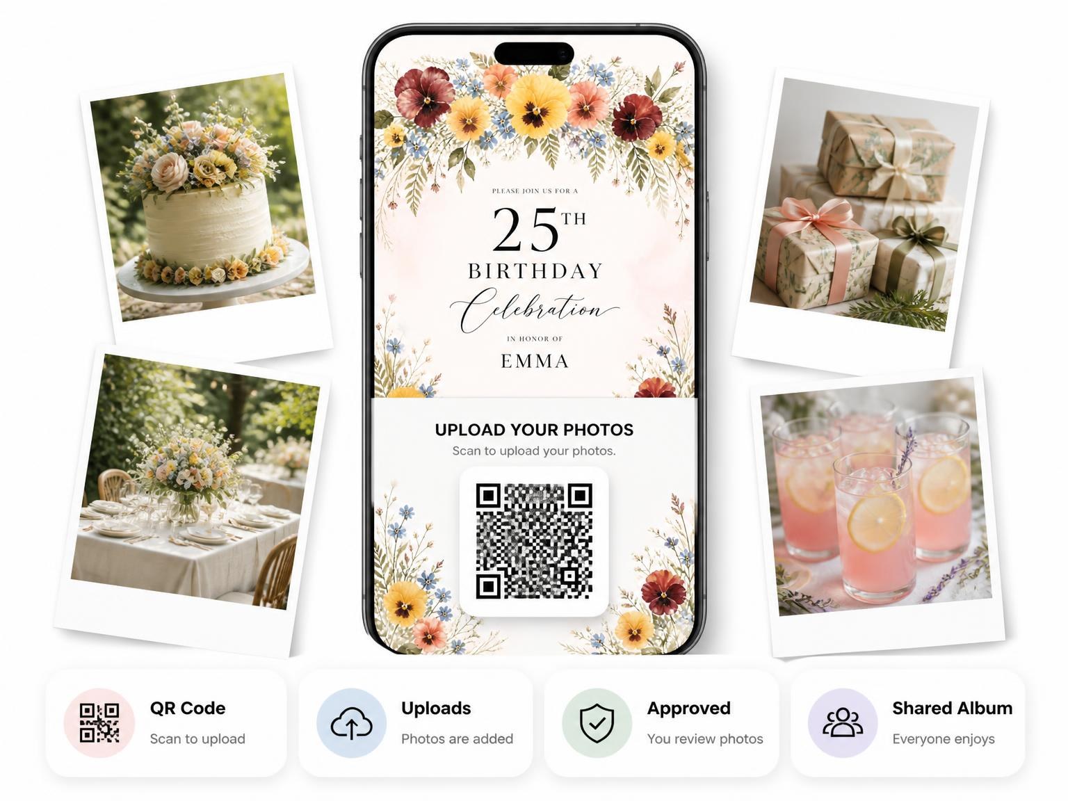 The shared photo gallery that comes with the Botanical Greenery Golden 25th Birthday Invitation invitation