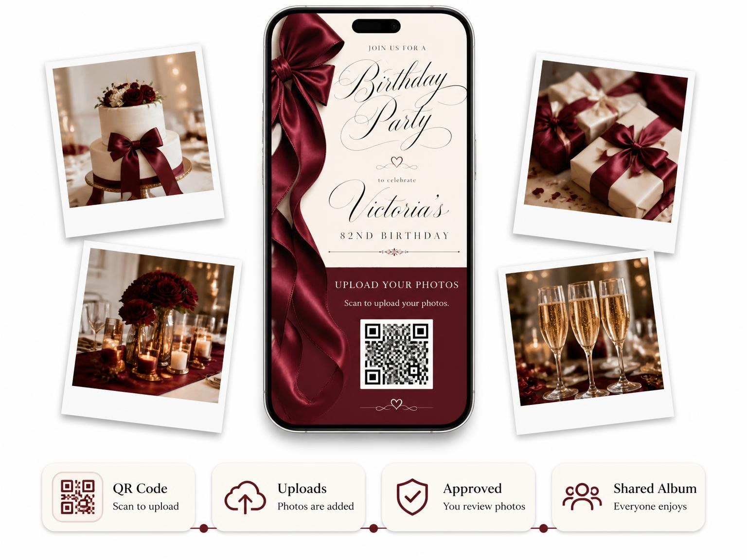 The shared photo gallery that comes with the Burgundy Satin Bow 82nd Birthday Invitation invitation