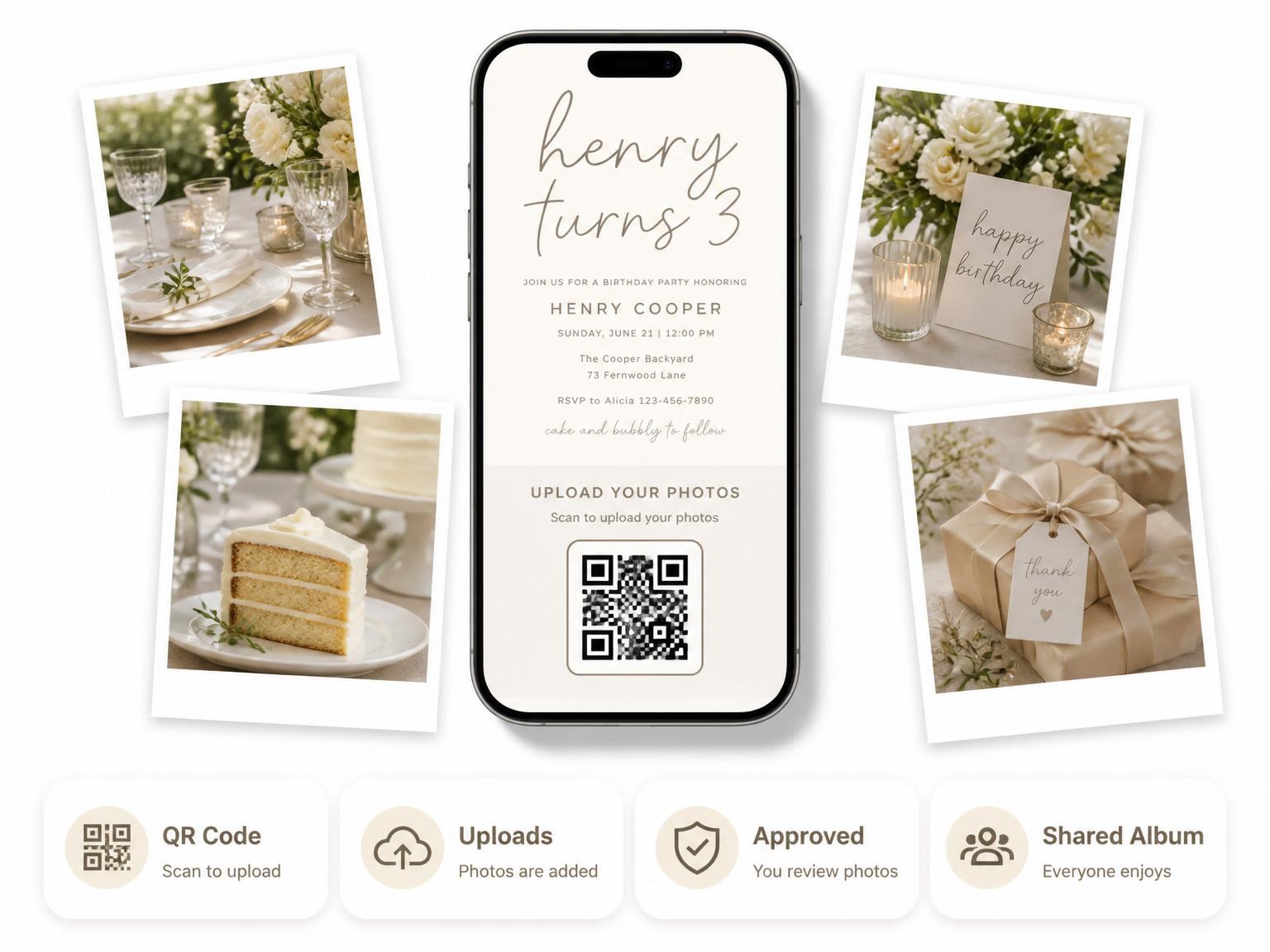 The shared photo gallery that comes with the Taupe Minimalist Typography 3rd Birthday invitation