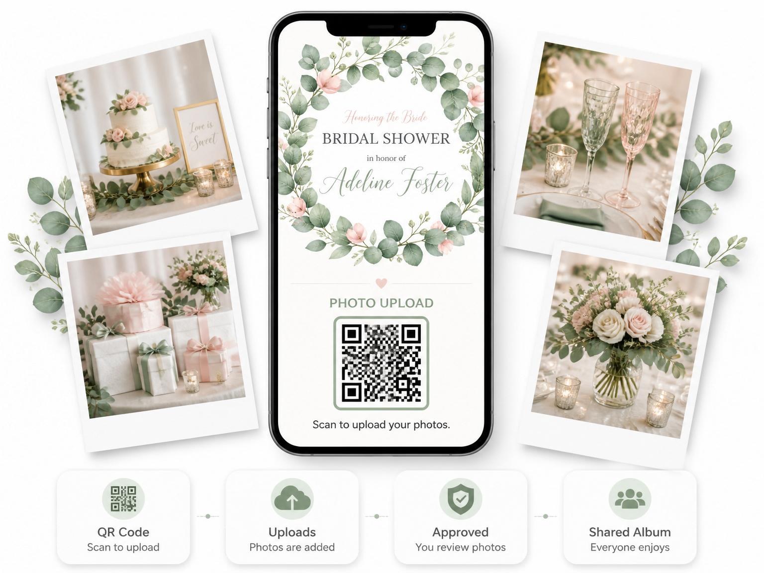 The shared photo gallery that comes with the Watercolor Eucalyptus Wreath Bridal Shower invitation