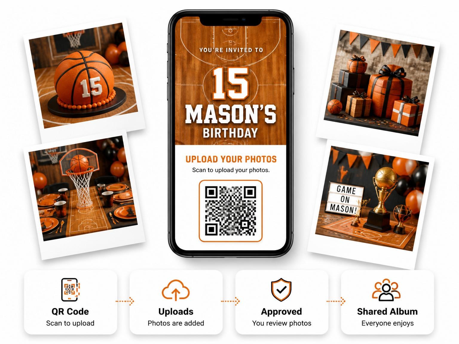 The shared photo gallery that comes with the Hardwood Basketball Court 15th Birthday Invitation invitation
