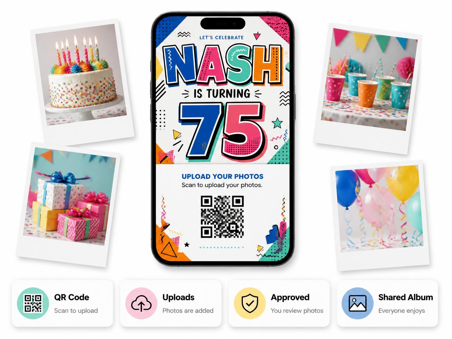 The shared photo gallery that comes with the Memphis Pop 75th Birthday Invitation invitation