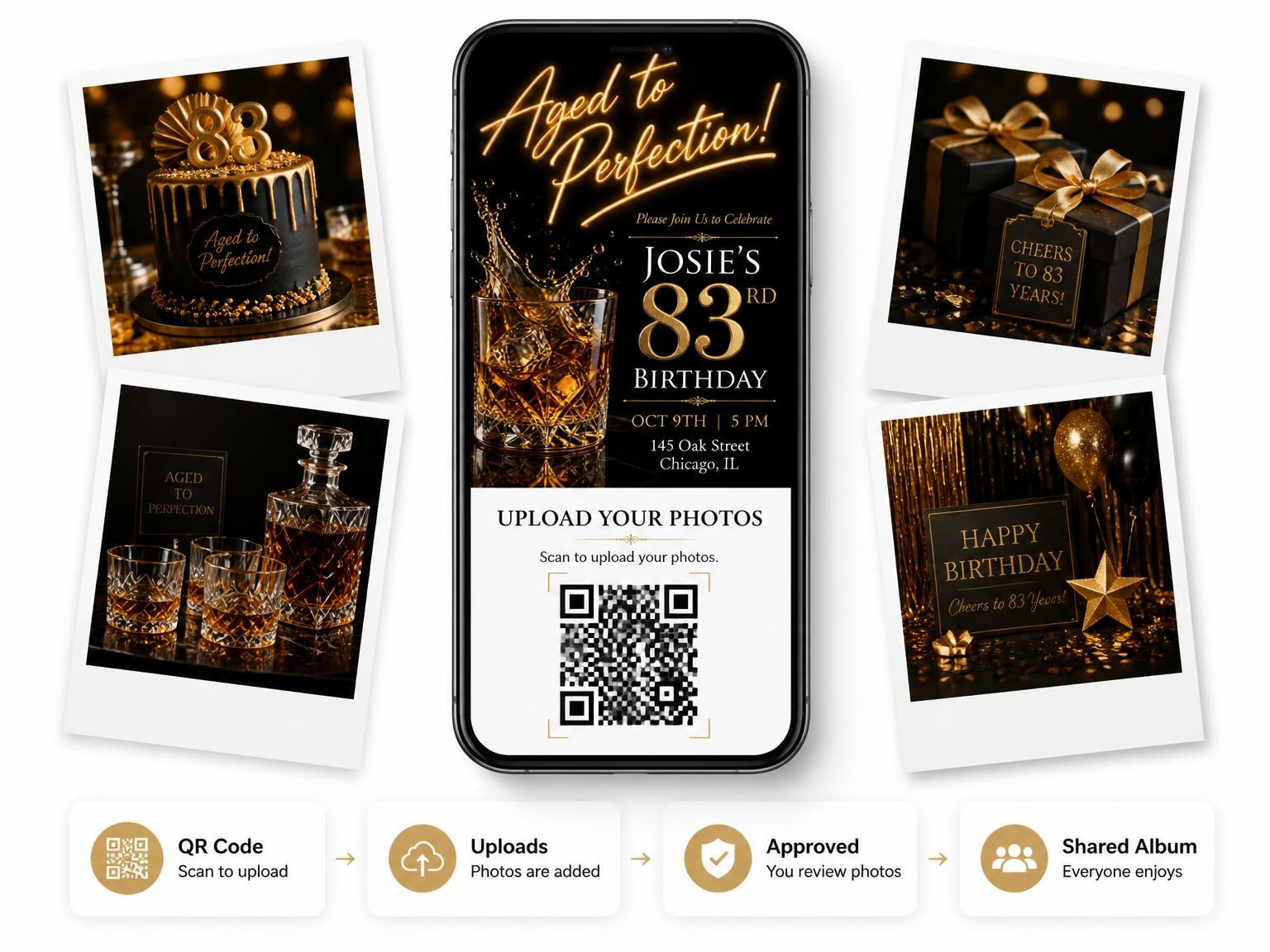 The shared photo gallery that comes with the Whiskey Tumbler 83rd Birthday Invitation invitation