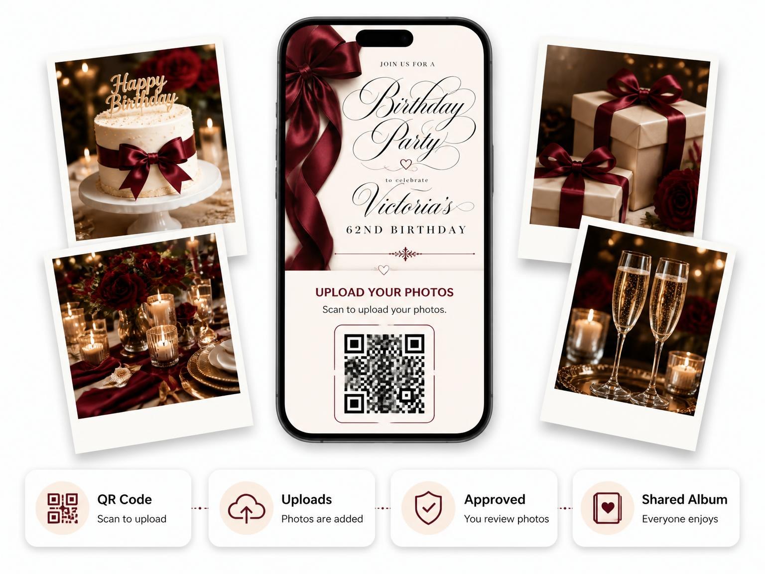 The shared photo gallery that comes with the Burgundy Satin Bow 62nd Birthday Invitation invitation