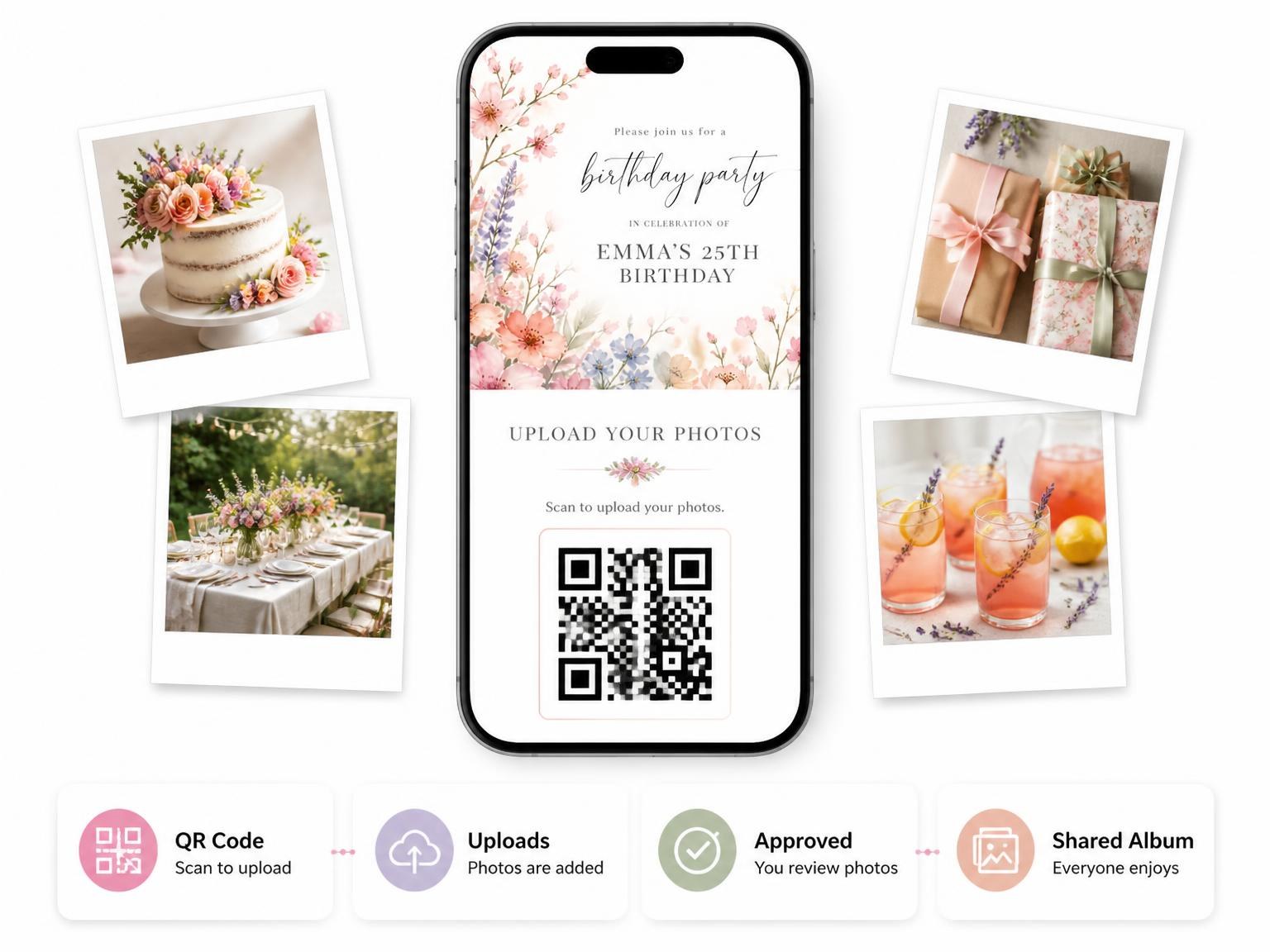 The shared photo gallery that comes with the Pastel Cherry Blossoms 25th Birthday Invitation invitation