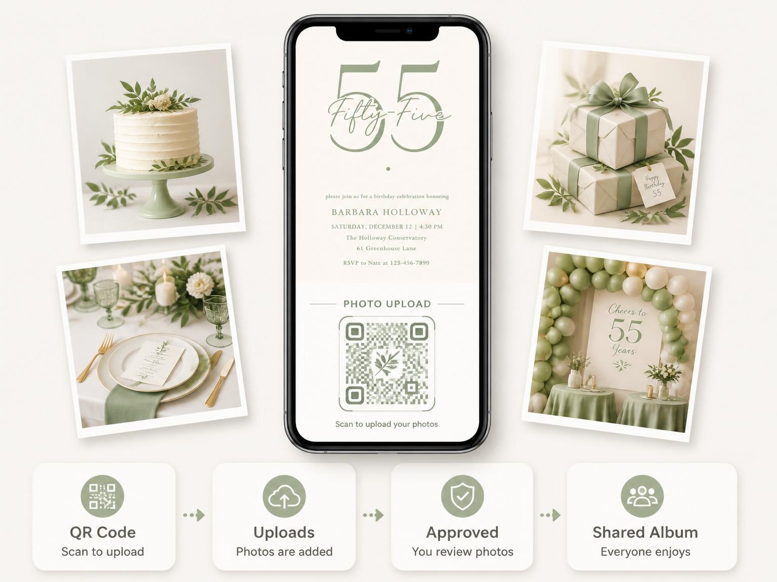 The shared photo gallery that comes with the Sage Green Minimalist 55th Birthday invitation