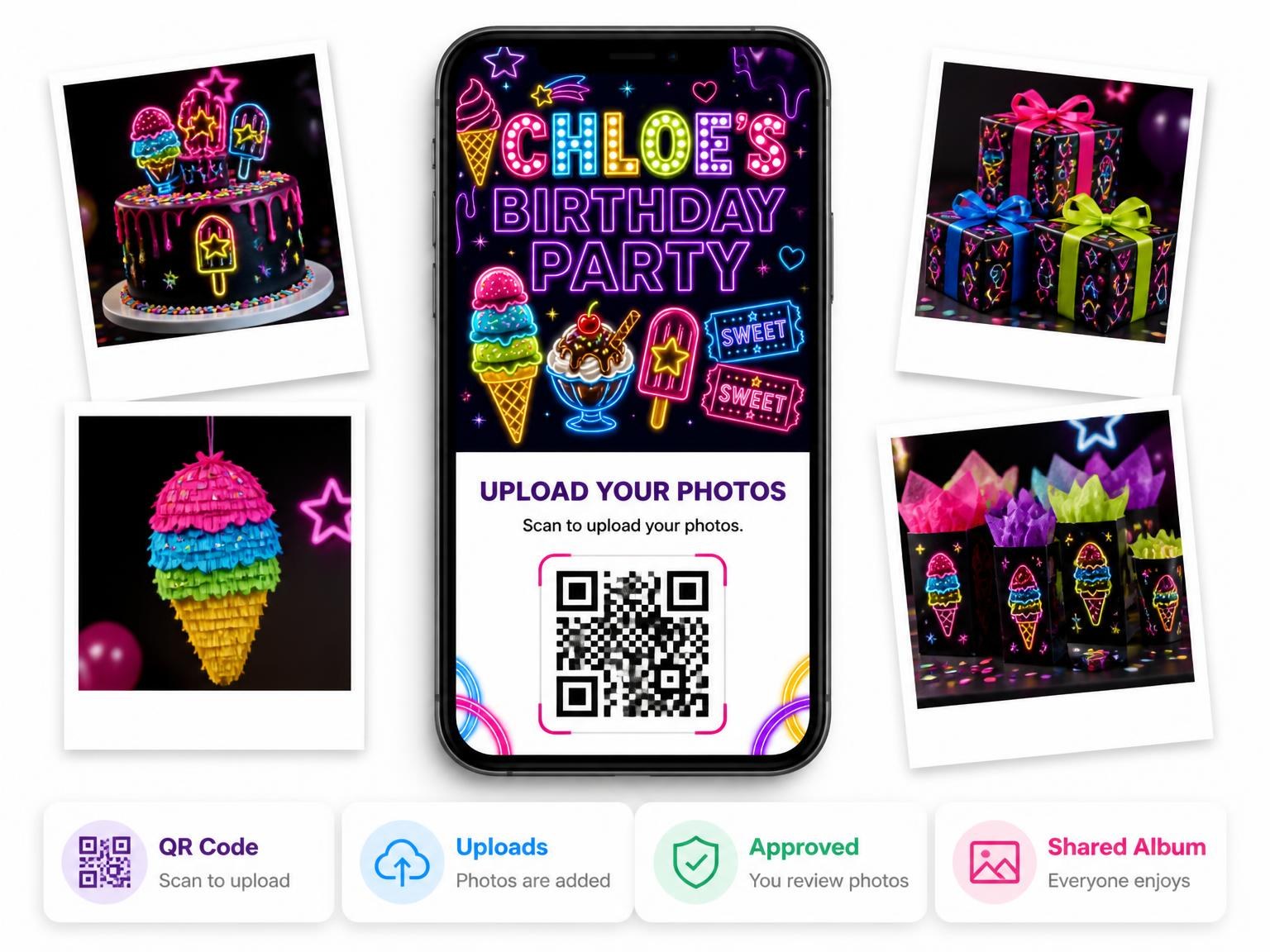 The shared photo gallery that comes with the Neon Ice Cream 2nd Birthday Invitation invitation