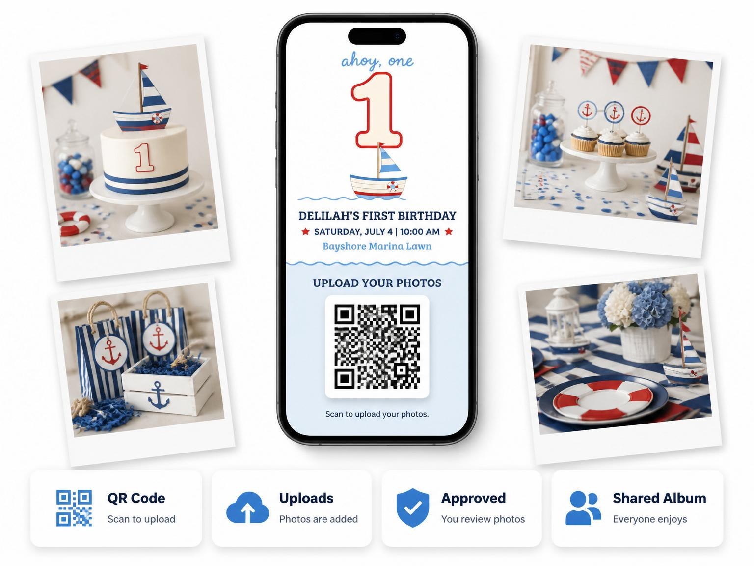 The shared photo gallery that comes with the Red and Blue Sailboat 1st Birthday invitation