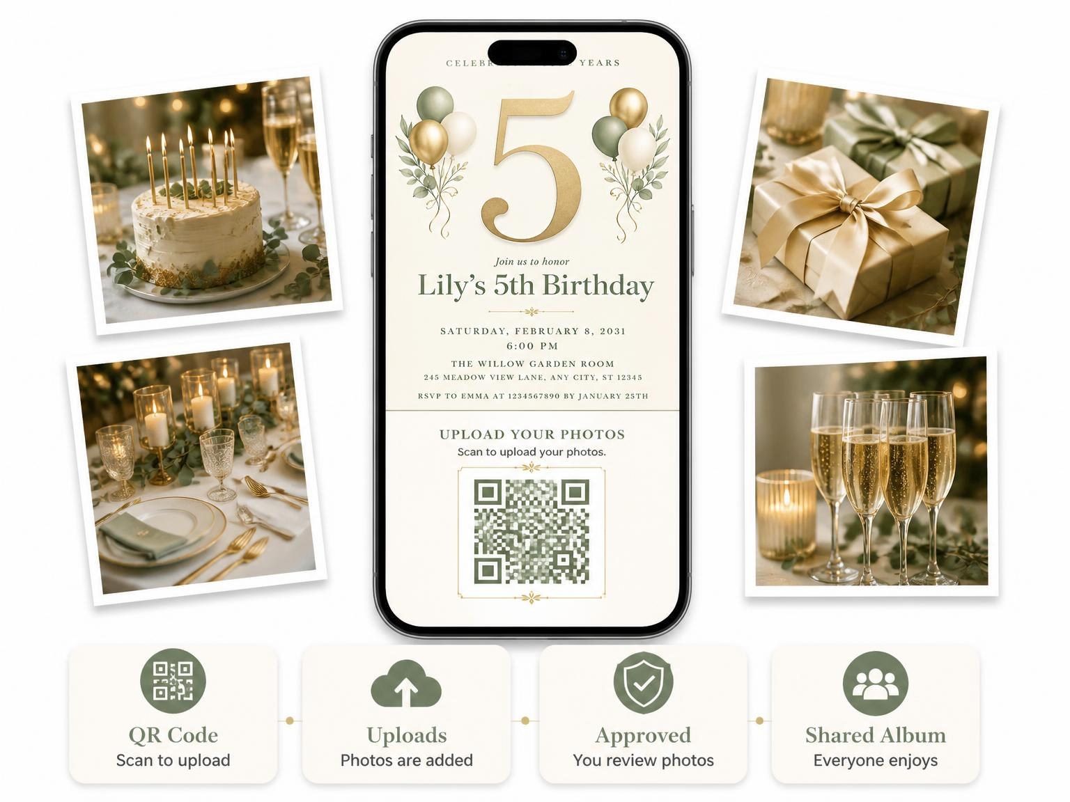 The shared photo gallery that comes with the Sage and Ivory 5th Birthday Invitation invitation