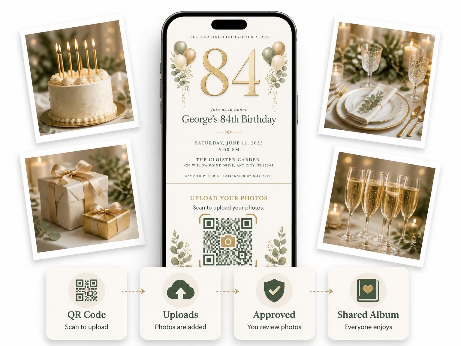The shared photo gallery that comes with the Sage and Ivory 84th Birthday Invitation invitation