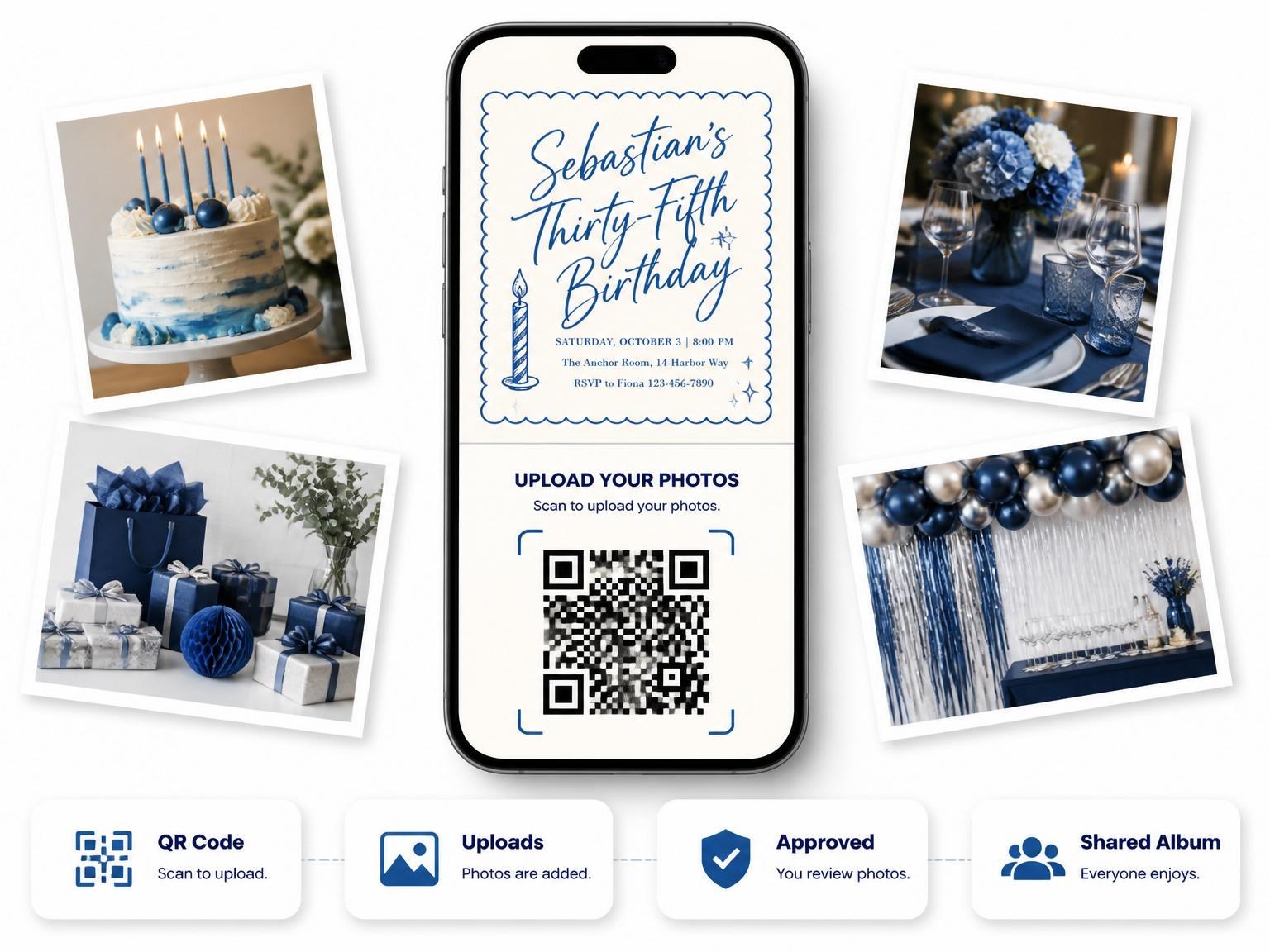 The shared photo gallery that comes with the Blue Scalloped Border 35th Birthday Invitation invitation