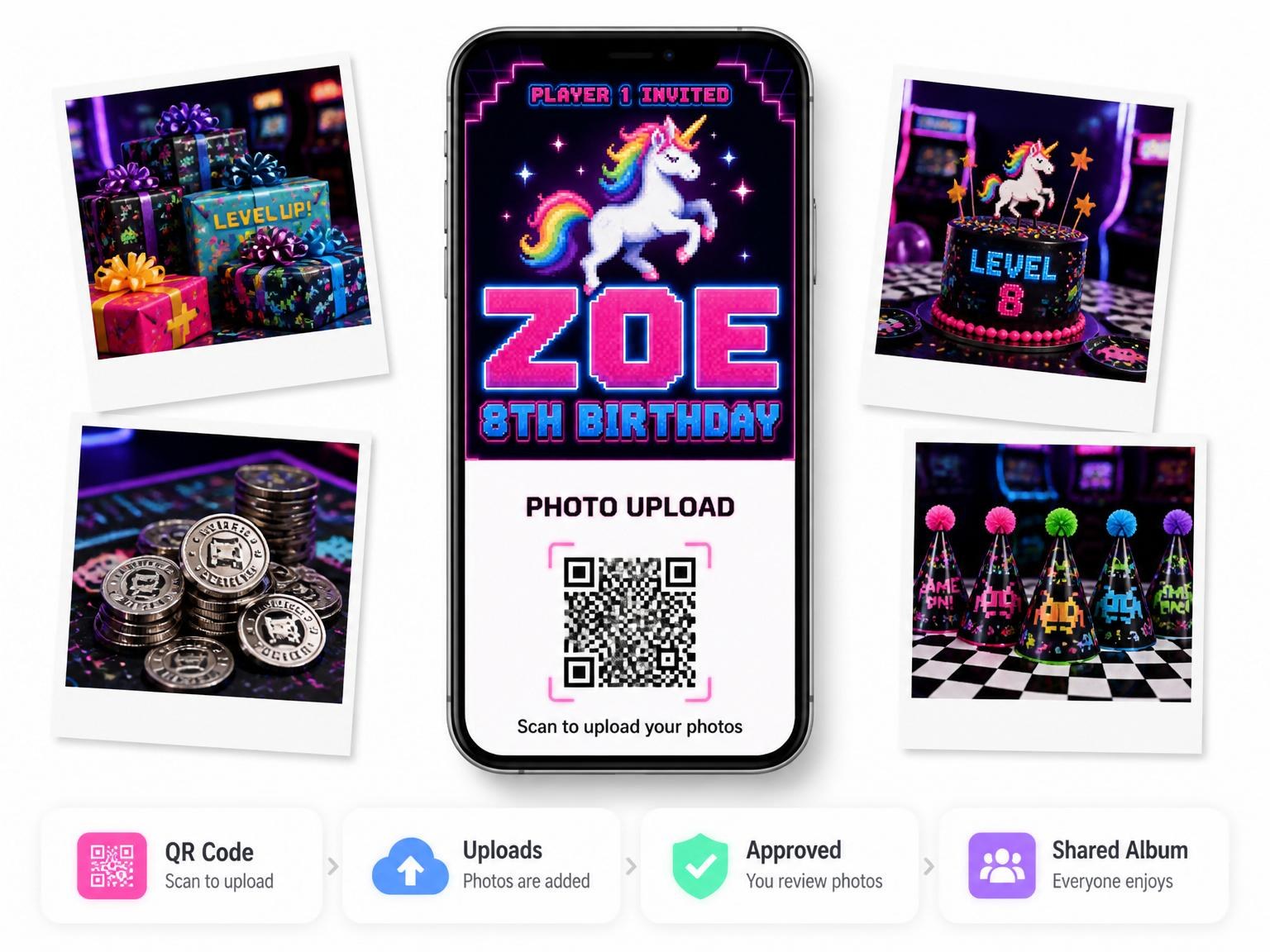 The shared photo gallery that comes with the Neon Pixel Unicorn Arcade 8th Birthday invitation