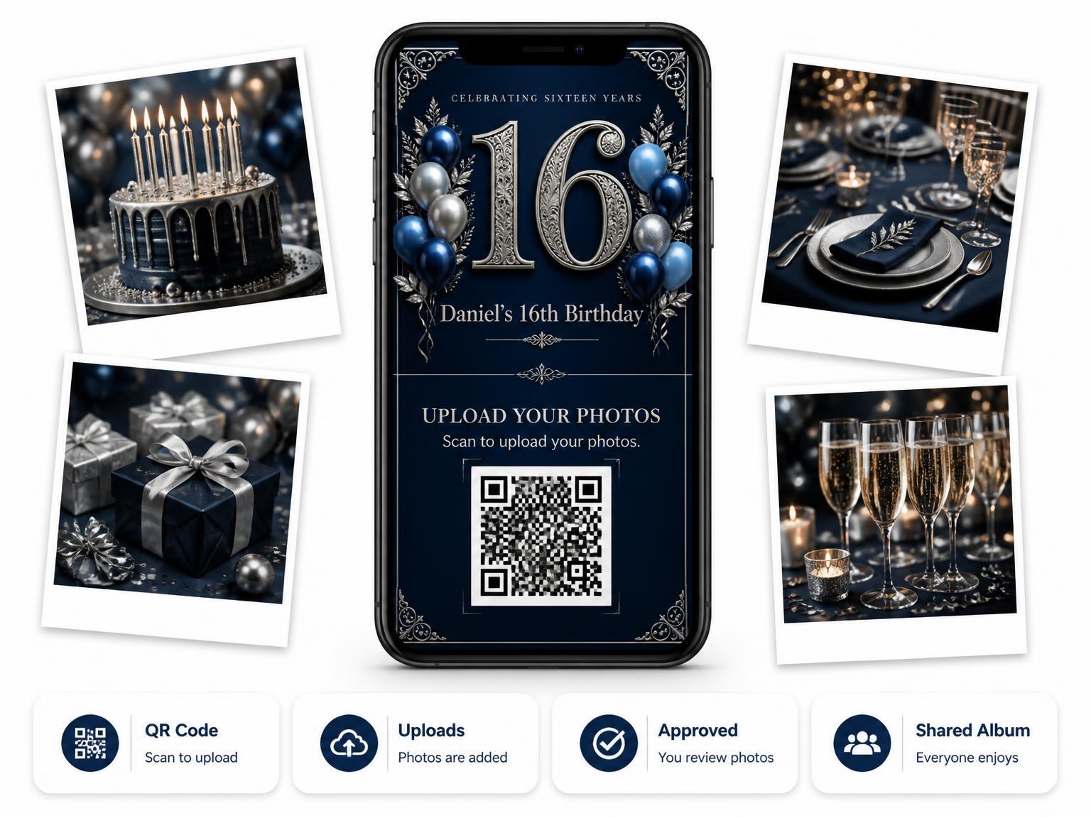 The shared photo gallery that comes with the Navy and Silver 16th Birthday Invitation invitation