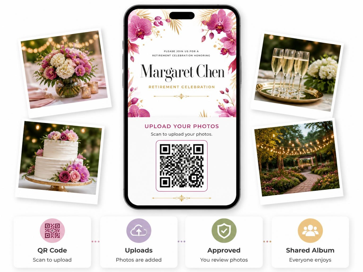 The shared photo gallery that comes with the Flowers Buds Retirement Celebration Invitation invitation