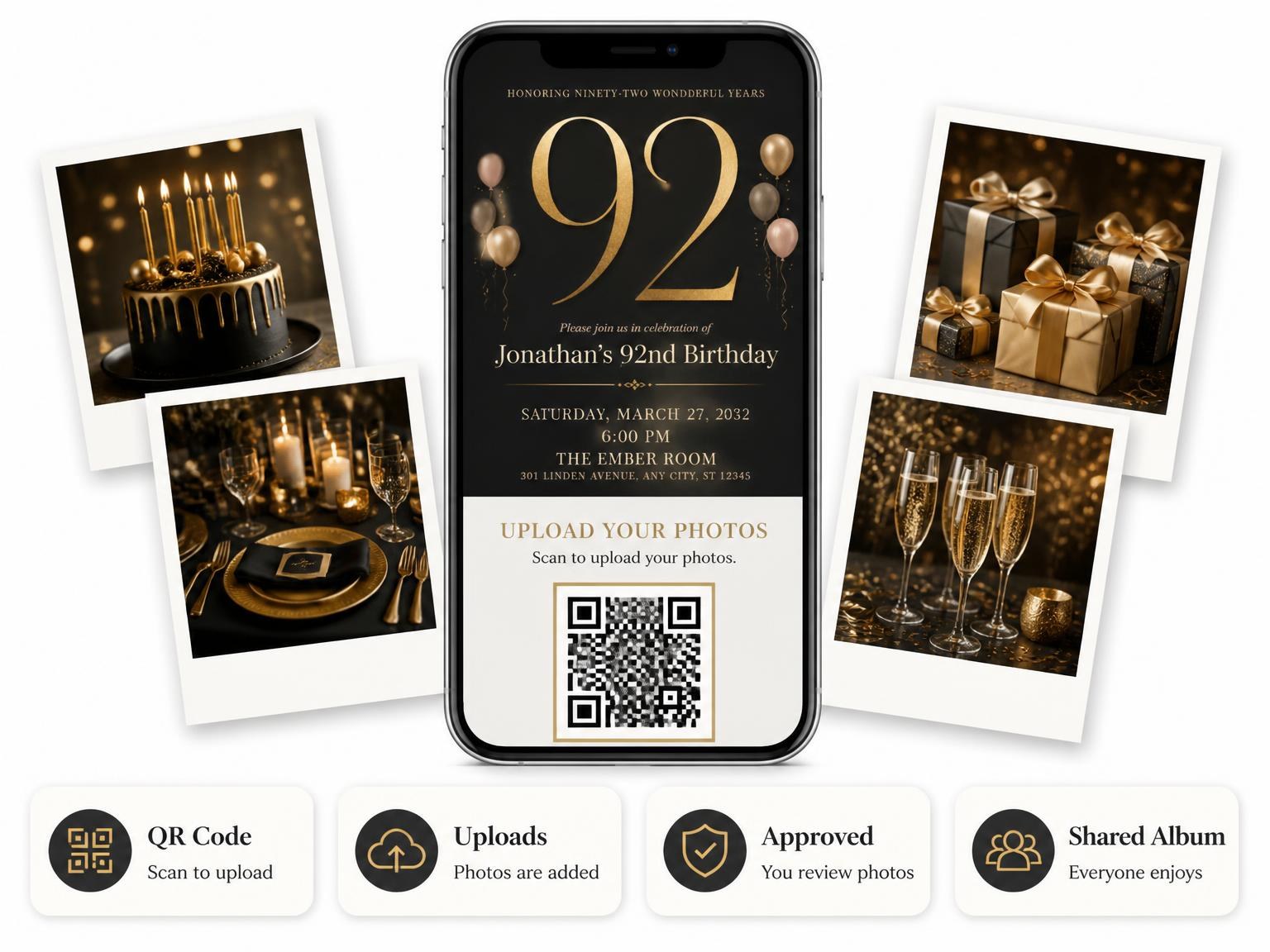 The shared photo gallery that comes with the Charcoal and Blush 92nd Birthday Invitation invitation